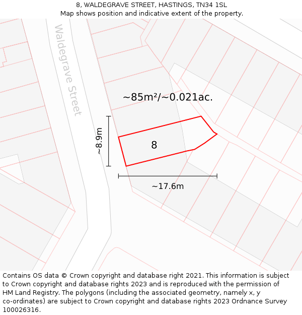 8, WALDEGRAVE STREET, HASTINGS, TN34 1SL: Plot and title map