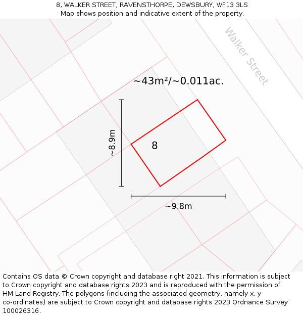 8, WALKER STREET, RAVENSTHORPE, DEWSBURY, WF13 3LS: Plot and title map