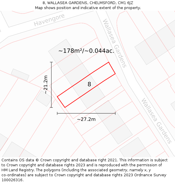 8, WALLASEA GARDENS, CHELMSFORD, CM1 6JZ: Plot and title map