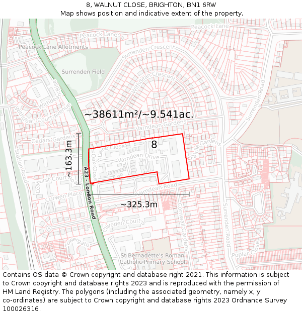 8, WALNUT CLOSE, BRIGHTON, BN1 6RW: Plot and title map