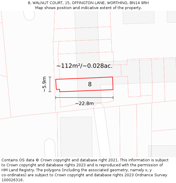 8, WALNUT COURT, 15, OFFINGTON LANE, WORTHING, BN14 9RH: Plot and title map