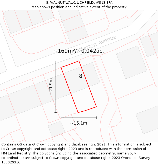 8, WALNUT WALK, LICHFIELD, WS13 8FA: Plot and title map