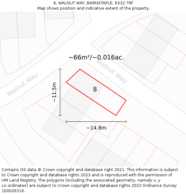 8, WALNUT WAY, BARNSTAPLE, EX32 7RF: Plot and title map
