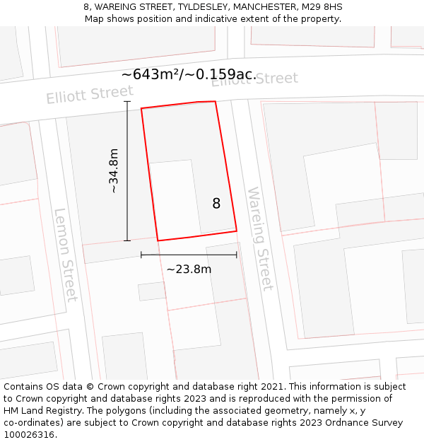 8, WAREING STREET, TYLDESLEY, MANCHESTER, M29 8HS: Plot and title map