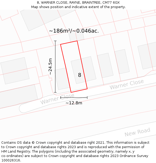 8, WARNER CLOSE, RAYNE, BRAINTREE, CM77 6GX: Plot and title map