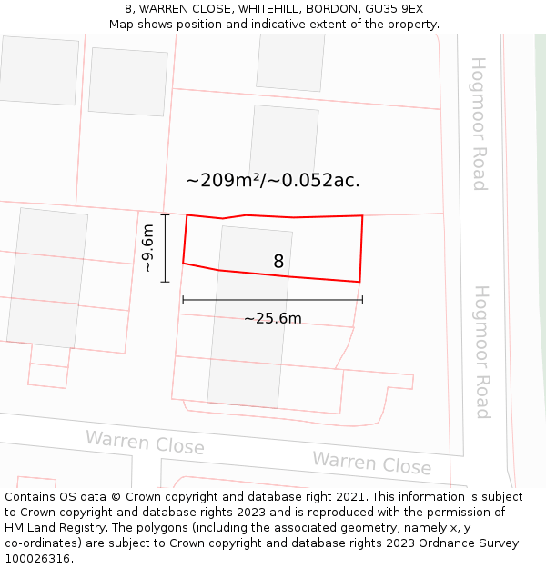 8, WARREN CLOSE, WHITEHILL, BORDON, GU35 9EX: Plot and title map