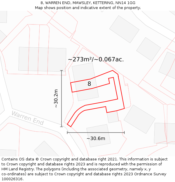 8, WARREN END, MAWSLEY, KETTERING, NN14 1GG: Plot and title map