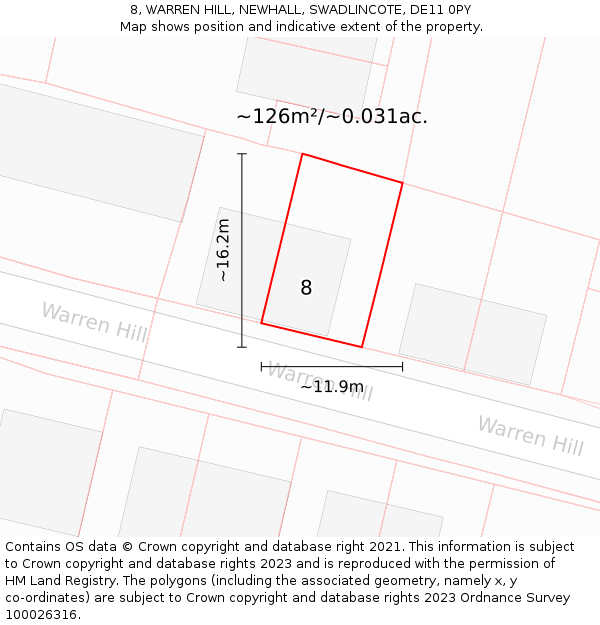 8, WARREN HILL, NEWHALL, SWADLINCOTE, DE11 0PY: Plot and title map