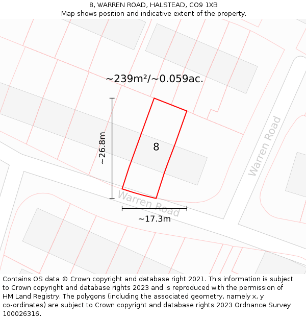 8, WARREN ROAD, HALSTEAD, CO9 1XB: Plot and title map