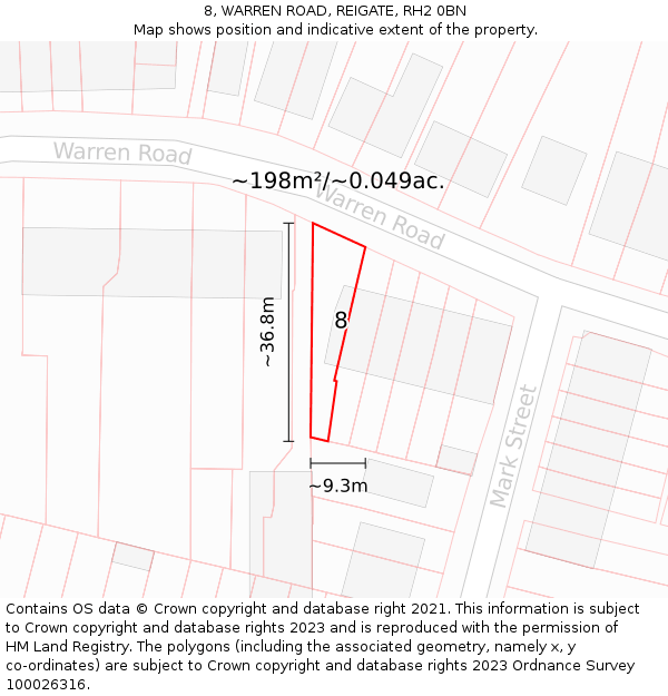 8, WARREN ROAD, REIGATE, RH2 0BN: Plot and title map