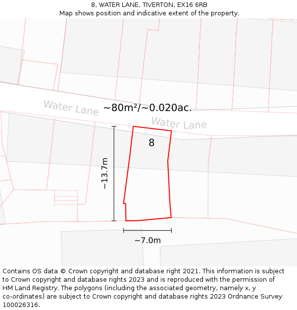 8, WATER LANE, TIVERTON, EX16 6RB: Plot and title map