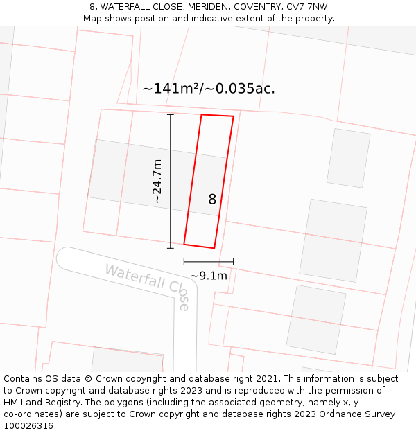8, WATERFALL CLOSE, MERIDEN, COVENTRY, CV7 7NW: Plot and title map