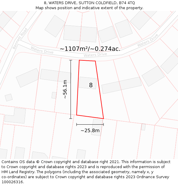 8, WATERS DRIVE, SUTTON COLDFIELD, B74 4TQ: Plot and title map