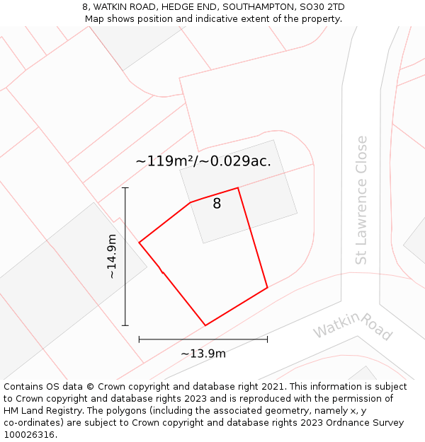 8, WATKIN ROAD, HEDGE END, SOUTHAMPTON, SO30 2TD: Plot and title map