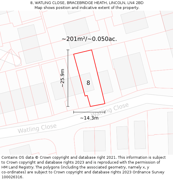 8, WATLING CLOSE, BRACEBRIDGE HEATH, LINCOLN, LN4 2BD: Plot and title map