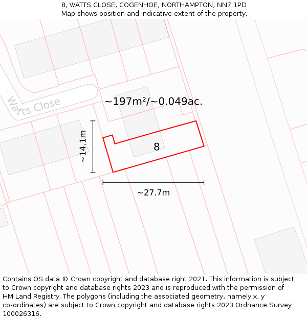 8, WATTS CLOSE, COGENHOE, NORTHAMPTON, NN7 1PD: Plot and title map