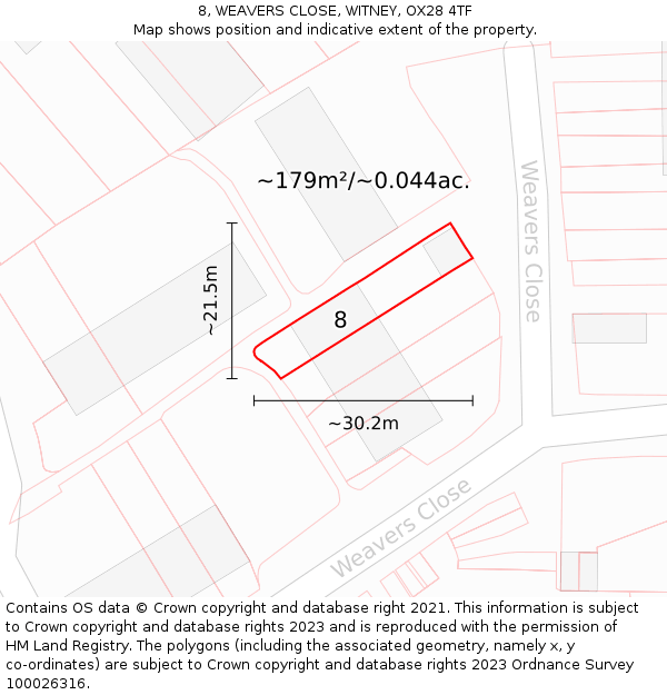 8, WEAVERS CLOSE, WITNEY, OX28 4TF: Plot and title map