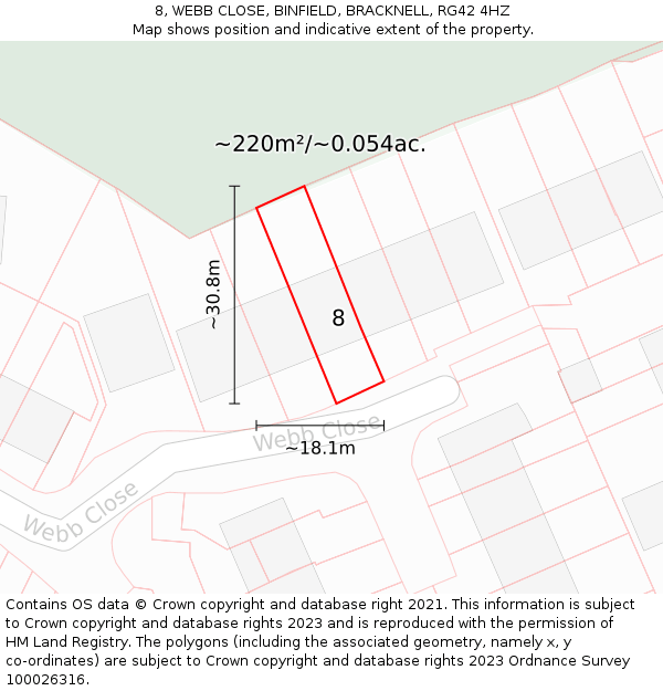 8, WEBB CLOSE, BINFIELD, BRACKNELL, RG42 4HZ: Plot and title map