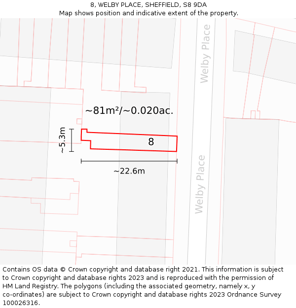 8, WELBY PLACE, SHEFFIELD, S8 9DA: Plot and title map