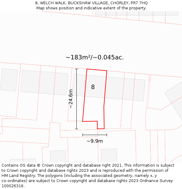 8, WELCH WALK, BUCKSHAW VILLAGE, CHORLEY, PR7 7HQ: Plot and title map