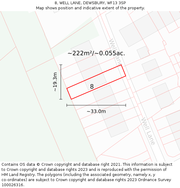 8, WELL LANE, DEWSBURY, WF13 3SP: Plot and title map