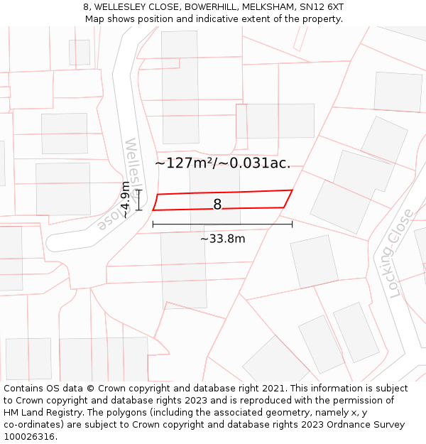 8, WELLESLEY CLOSE, BOWERHILL, MELKSHAM, SN12 6XT: Plot and title map