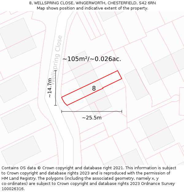 8, WELLSPRING CLOSE, WINGERWORTH, CHESTERFIELD, S42 6RN: Plot and title map
