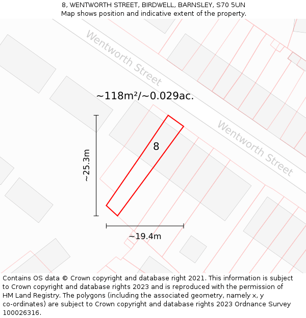 8, WENTWORTH STREET, BIRDWELL, BARNSLEY, S70 5UN: Plot and title map