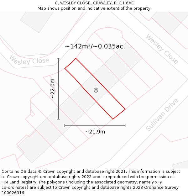 8, WESLEY CLOSE, CRAWLEY, RH11 6AE: Plot and title map