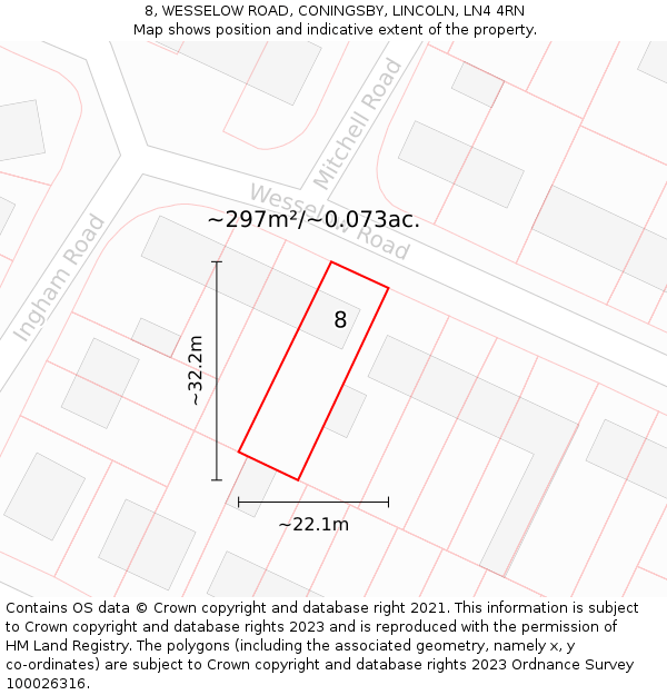 8, WESSELOW ROAD, CONINGSBY, LINCOLN, LN4 4RN: Plot and title map