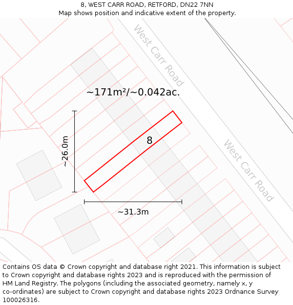 8, WEST CARR ROAD, RETFORD, DN22 7NN: Plot and title map