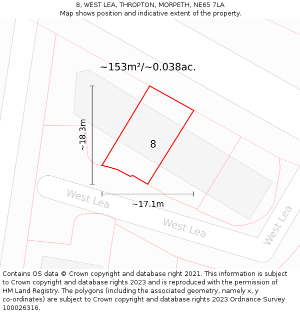 8, WEST LEA, THROPTON, MORPETH, NE65 7LA: Plot and title map
