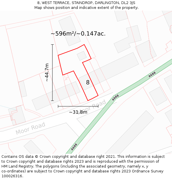 8, WEST TERRACE, STAINDROP, DARLINGTON, DL2 3JS: Plot and title map