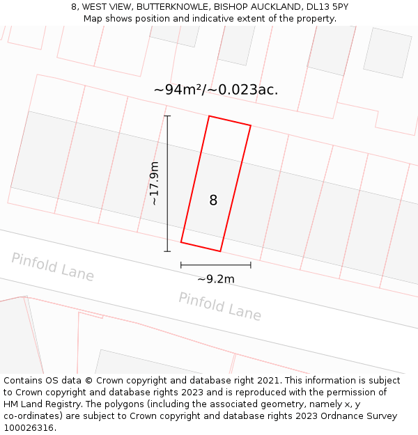 8, WEST VIEW, BUTTERKNOWLE, BISHOP AUCKLAND, DL13 5PY: Plot and title map