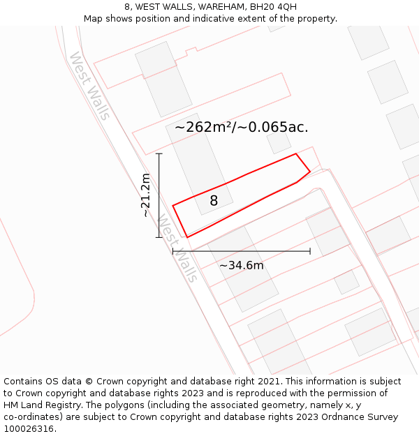 8, WEST WALLS, WAREHAM, BH20 4QH: Plot and title map