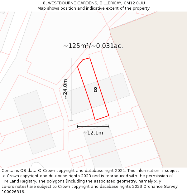 8, WESTBOURNE GARDENS, BILLERICAY, CM12 0UU: Plot and title map