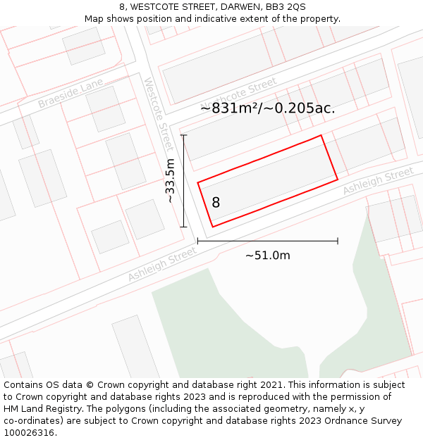 8, WESTCOTE STREET, DARWEN, BB3 2QS: Plot and title map