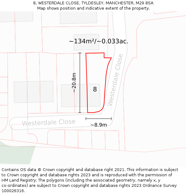 8, WESTERDALE CLOSE, TYLDESLEY, MANCHESTER, M29 8SA: Plot and title map