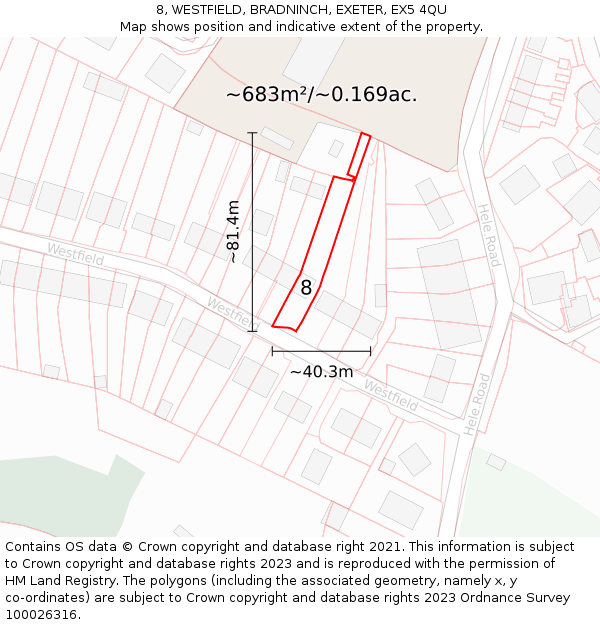 8, WESTFIELD, BRADNINCH, EXETER, EX5 4QU: Plot and title map