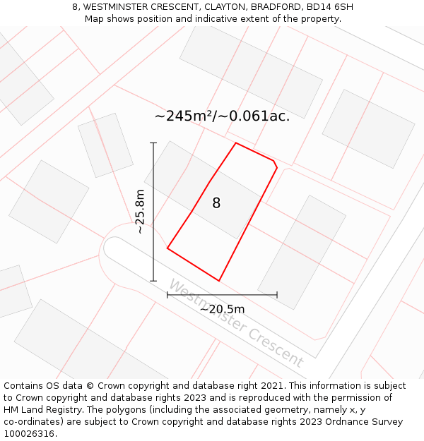8, WESTMINSTER CRESCENT, CLAYTON, BRADFORD, BD14 6SH: Plot and title map