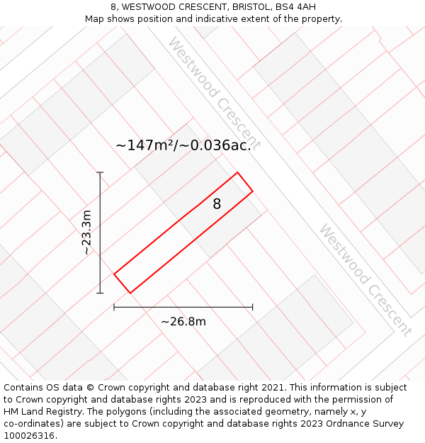 8, WESTWOOD CRESCENT, BRISTOL, BS4 4AH: Plot and title map