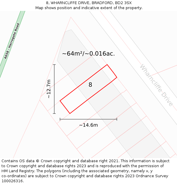 8, WHARNCLIFFE DRIVE, BRADFORD, BD2 3SX: Plot and title map
