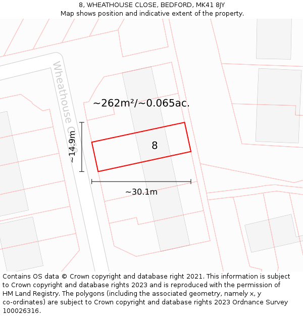 8, WHEATHOUSE CLOSE, BEDFORD, MK41 8JY: Plot and title map