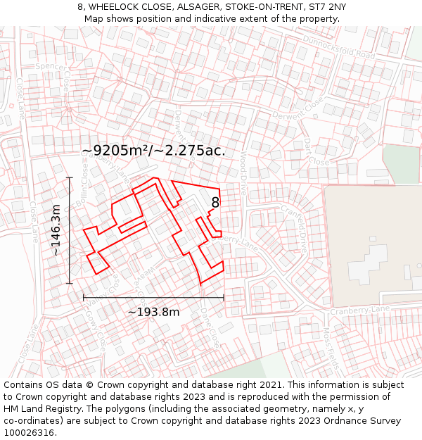 8, WHEELOCK CLOSE, ALSAGER, STOKE-ON-TRENT, ST7 2NY: Plot and title map