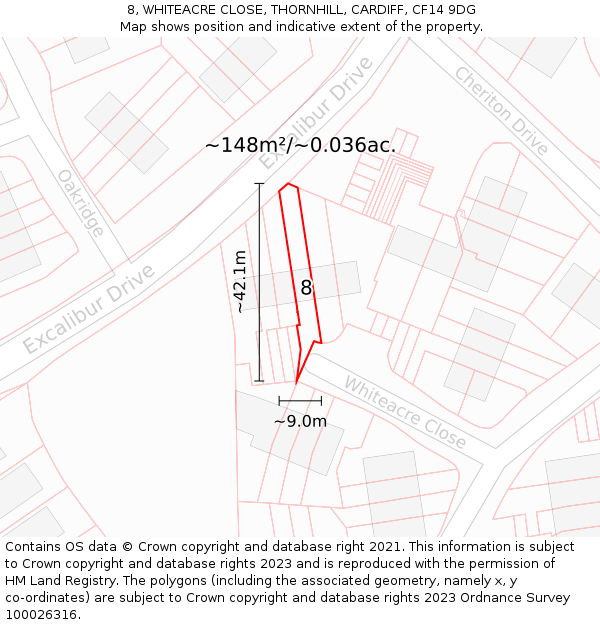8, WHITEACRE CLOSE, THORNHILL, CARDIFF, CF14 9DG: Plot and title map