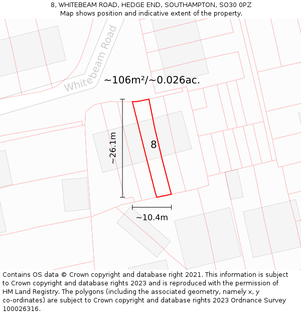 8, WHITEBEAM ROAD, HEDGE END, SOUTHAMPTON, SO30 0PZ: Plot and title map