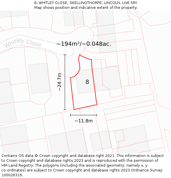 8, WHITLEY CLOSE, SKELLINGTHORPE, LINCOLN, LN6 5RY: Plot and title map