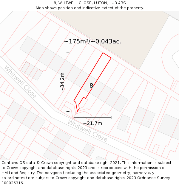 8, WHITWELL CLOSE, LUTON, LU3 4BS: Plot and title map