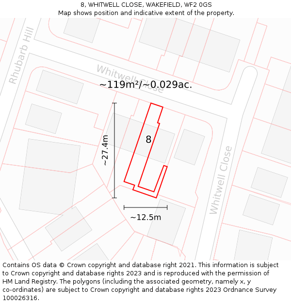 8, WHITWELL CLOSE, WAKEFIELD, WF2 0GS: Plot and title map