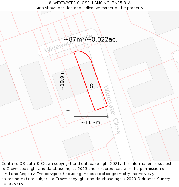8, WIDEWATER CLOSE, LANCING, BN15 8LA: Plot and title map